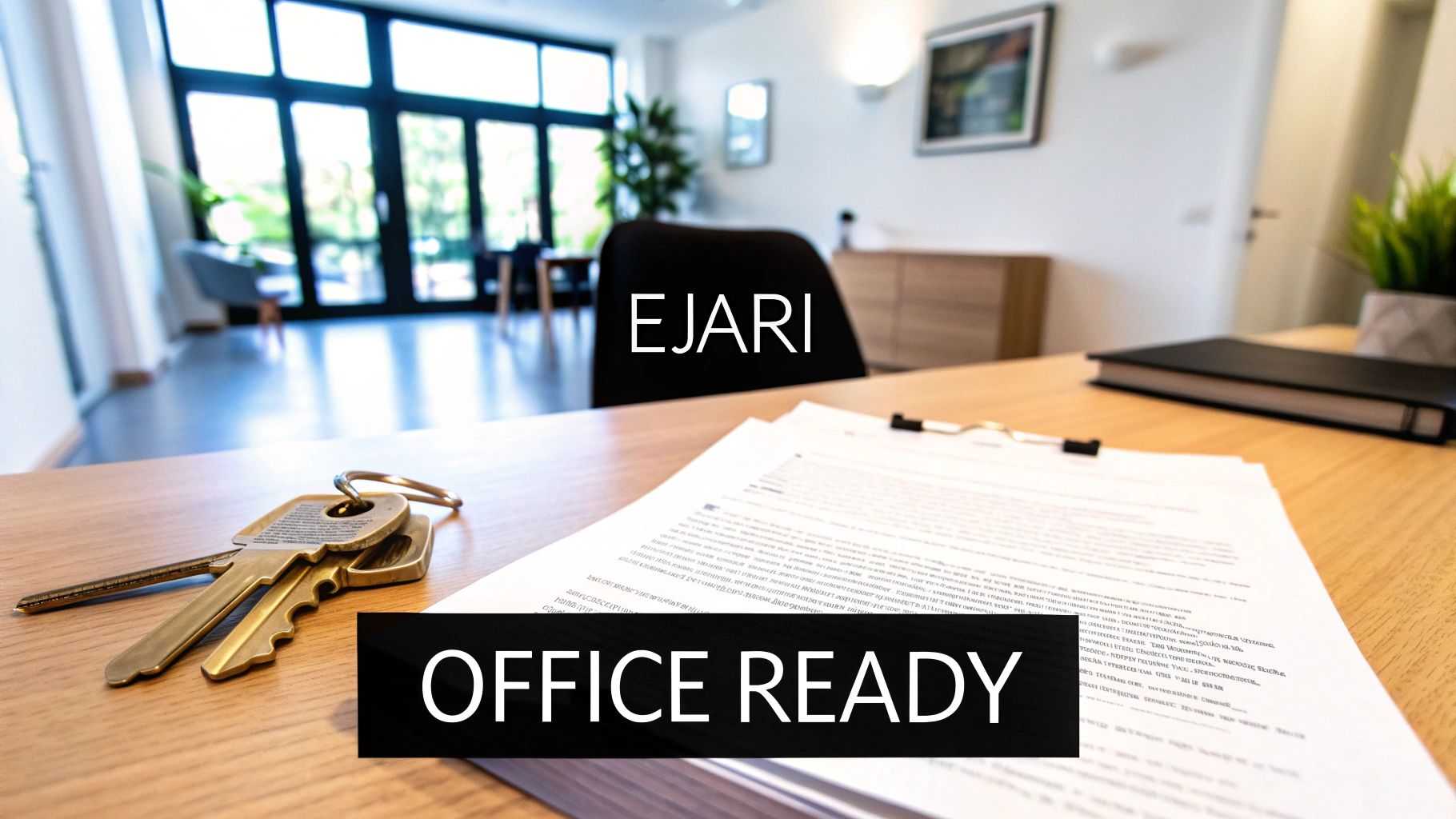 Keys and documents on a wooden desk in a modern, bright office, ready for business.