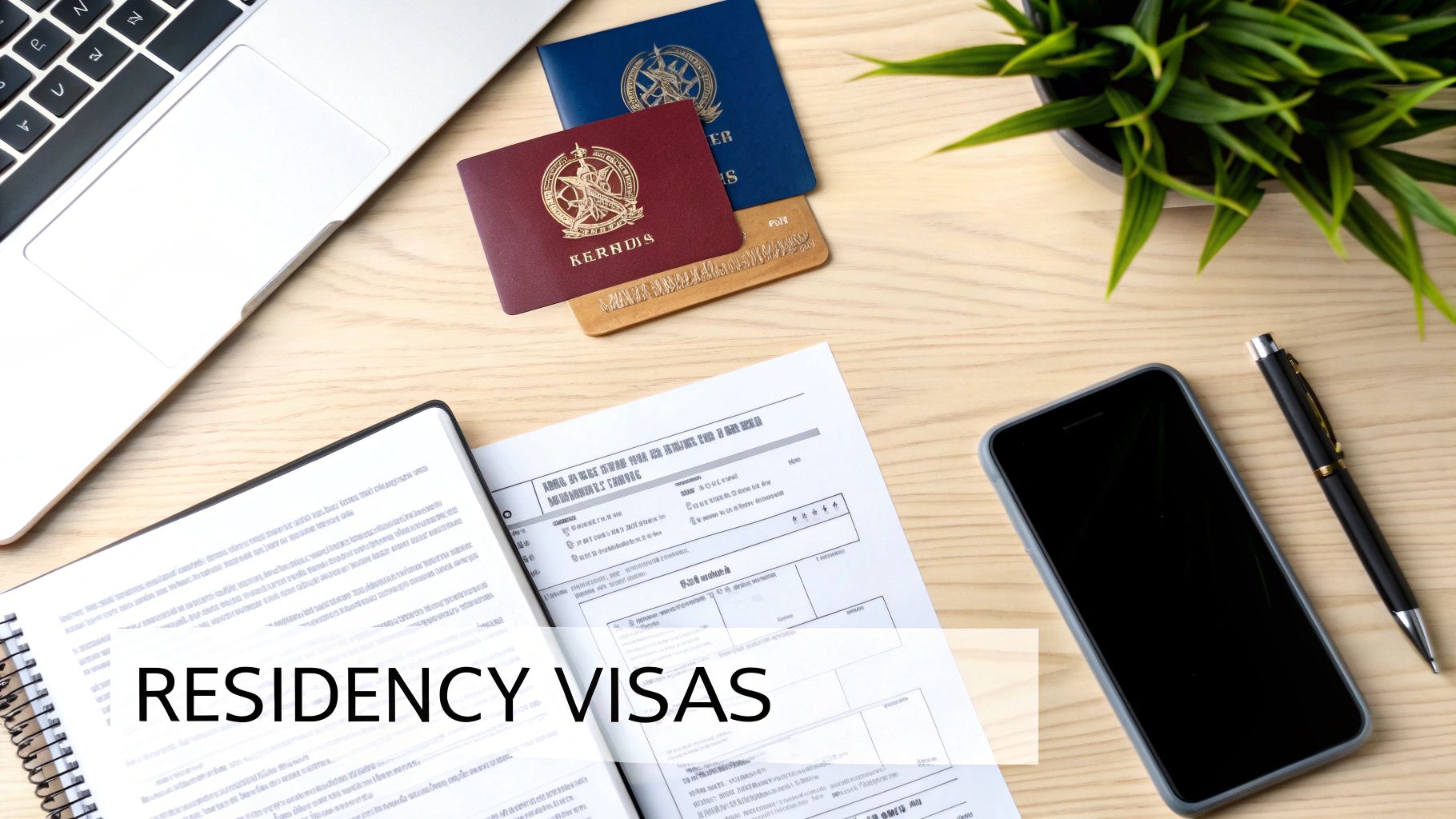 Overhead view of a desk with passports, laptop, forms, smartphone, and text 'RESIDENCY VISAS'.