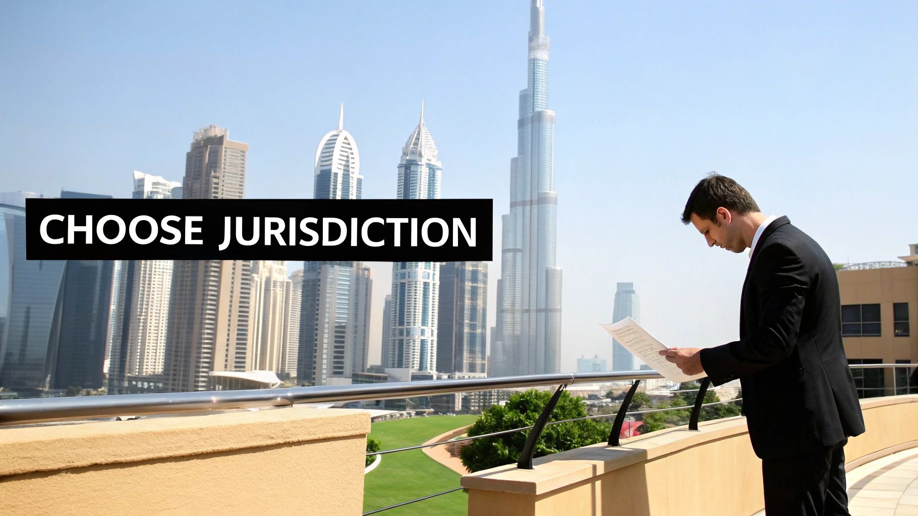 A businessman on a balcony overlooks the Dubai skyline, reading a document, with 'CHOOSE JURISDICTION' text.