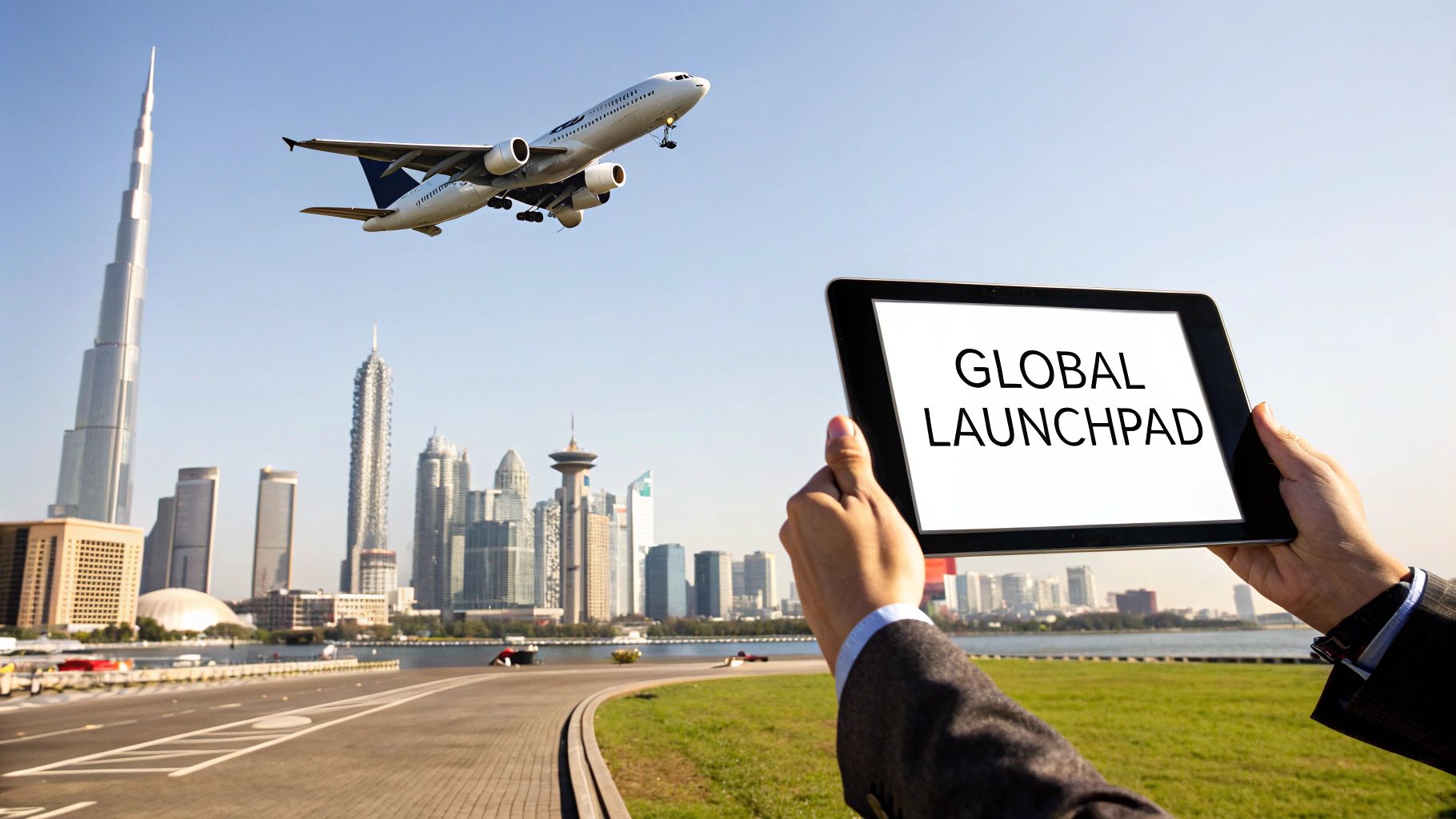 Airplane flying over Dubai cityscape with Burj Khalifa as a person holds a tablet displaying 'GLOBAL LAUNCHPAD'.
