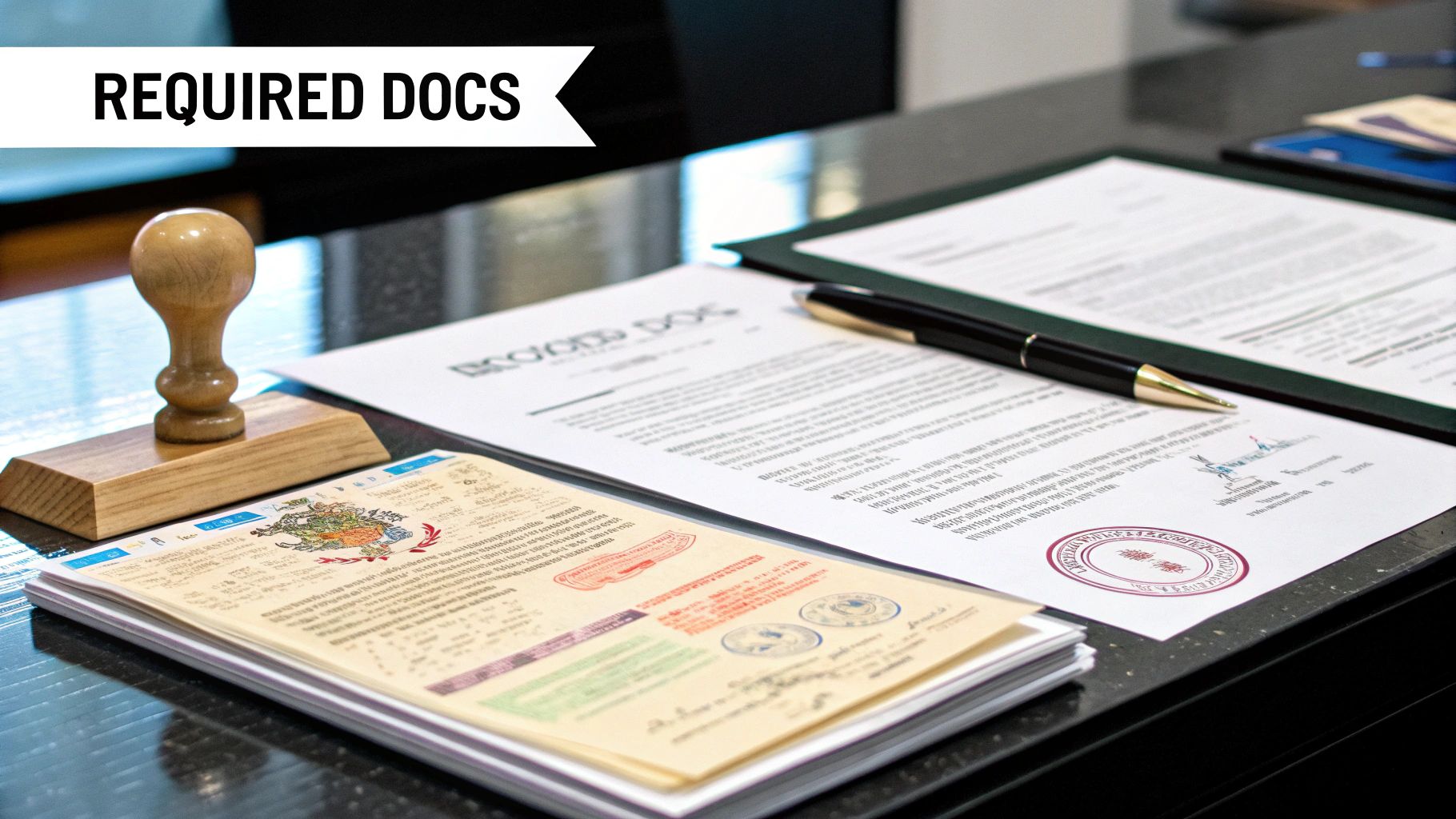 An assortment of official documents and licenses laid out on a professional desk, representing different UAE business license types.