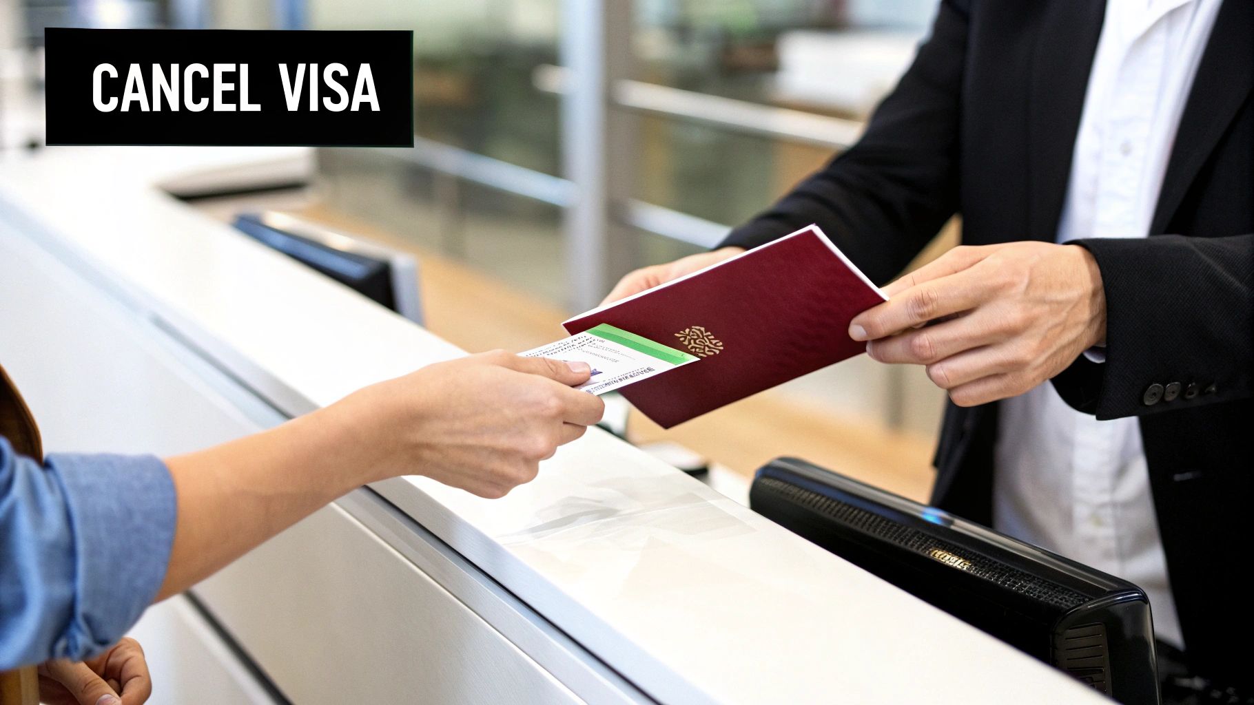 A passport being officially stamped for visa cancellation at an immigration counter.