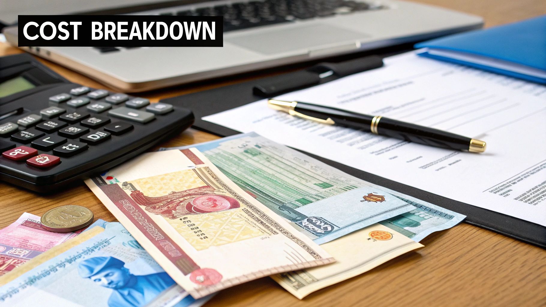 A person using a calculator with documents and a laptop in the background, representing budgeting for a business license.