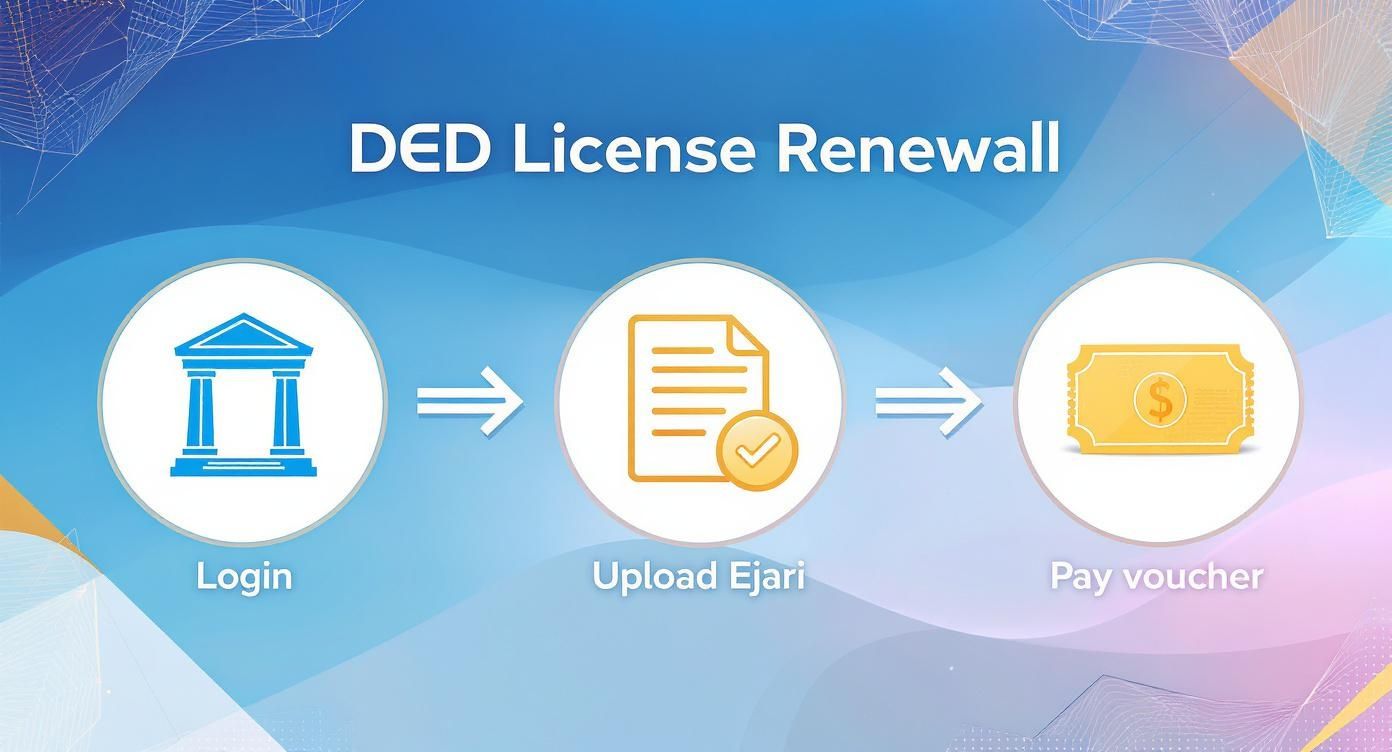 A flowchart illustrating the DED License Renewal process: Login, Upload Ejari, and Pay voucher steps with icons.