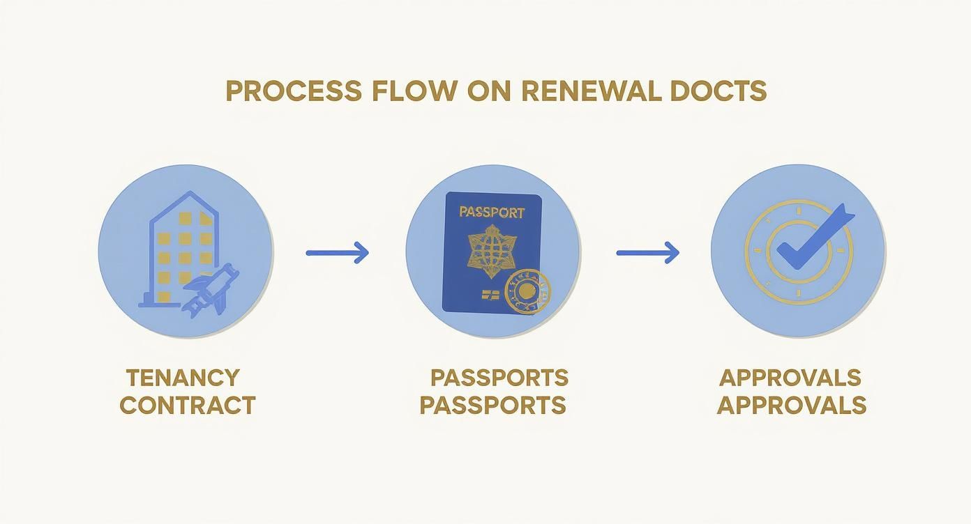 An infographic showing the process flow for trade license renewal documents, starting with the tenancy contract, then passports, and finally external approvals.