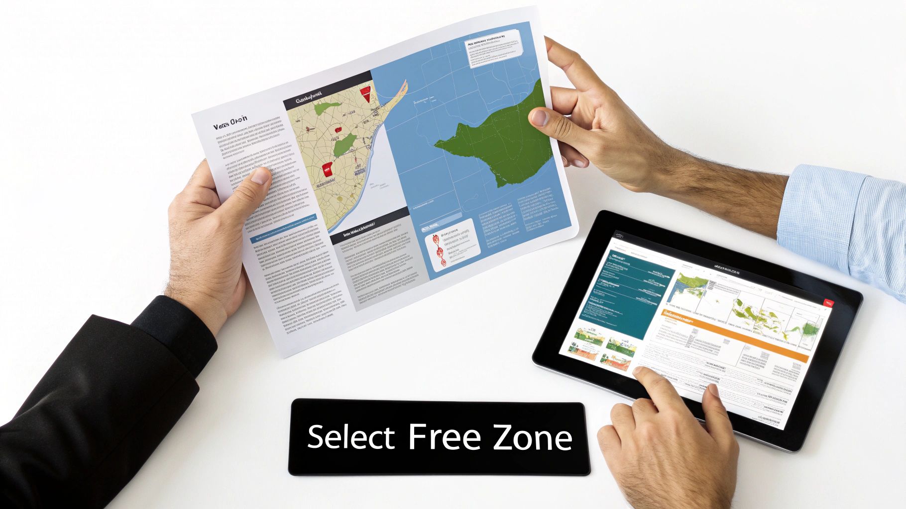 Overhead view of professionals researching free zones with maps on a document and digital tablet.
