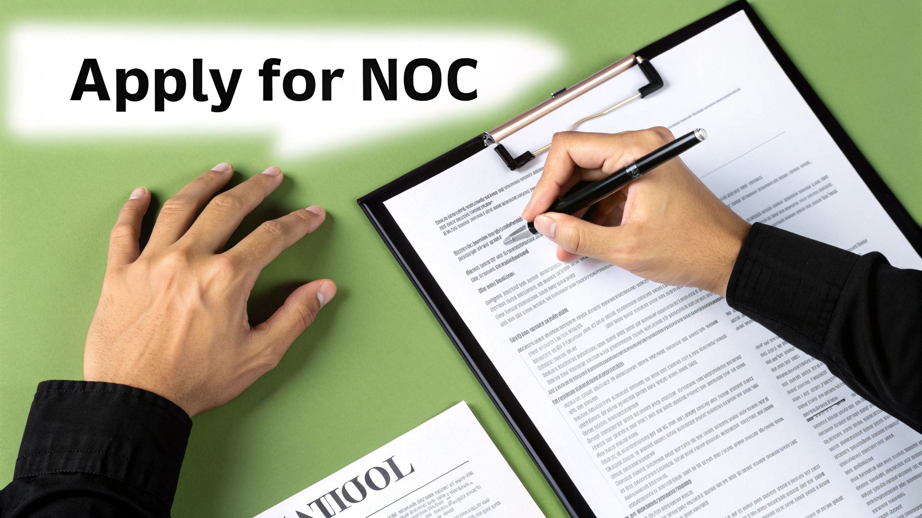 A person reviewing and signing documents at a desk, symbolising the application process for a No Objection Certificate.