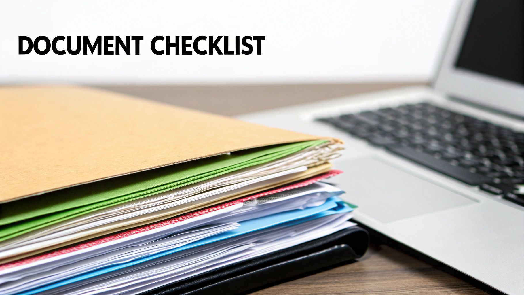 A stack of colorful documents and folders next to a laptop with 'DOCUMENT CHECKLIST' text.