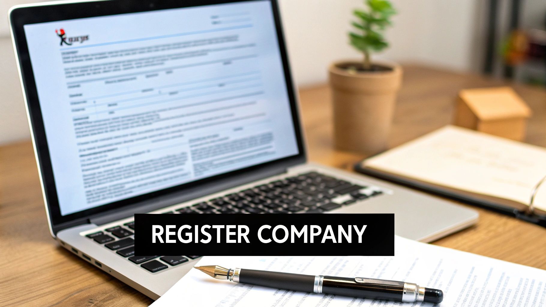 A laptop displaying a company registration form with a pen and documents on a wooden desk, emphasizing 'REGISTER COMPANY'.