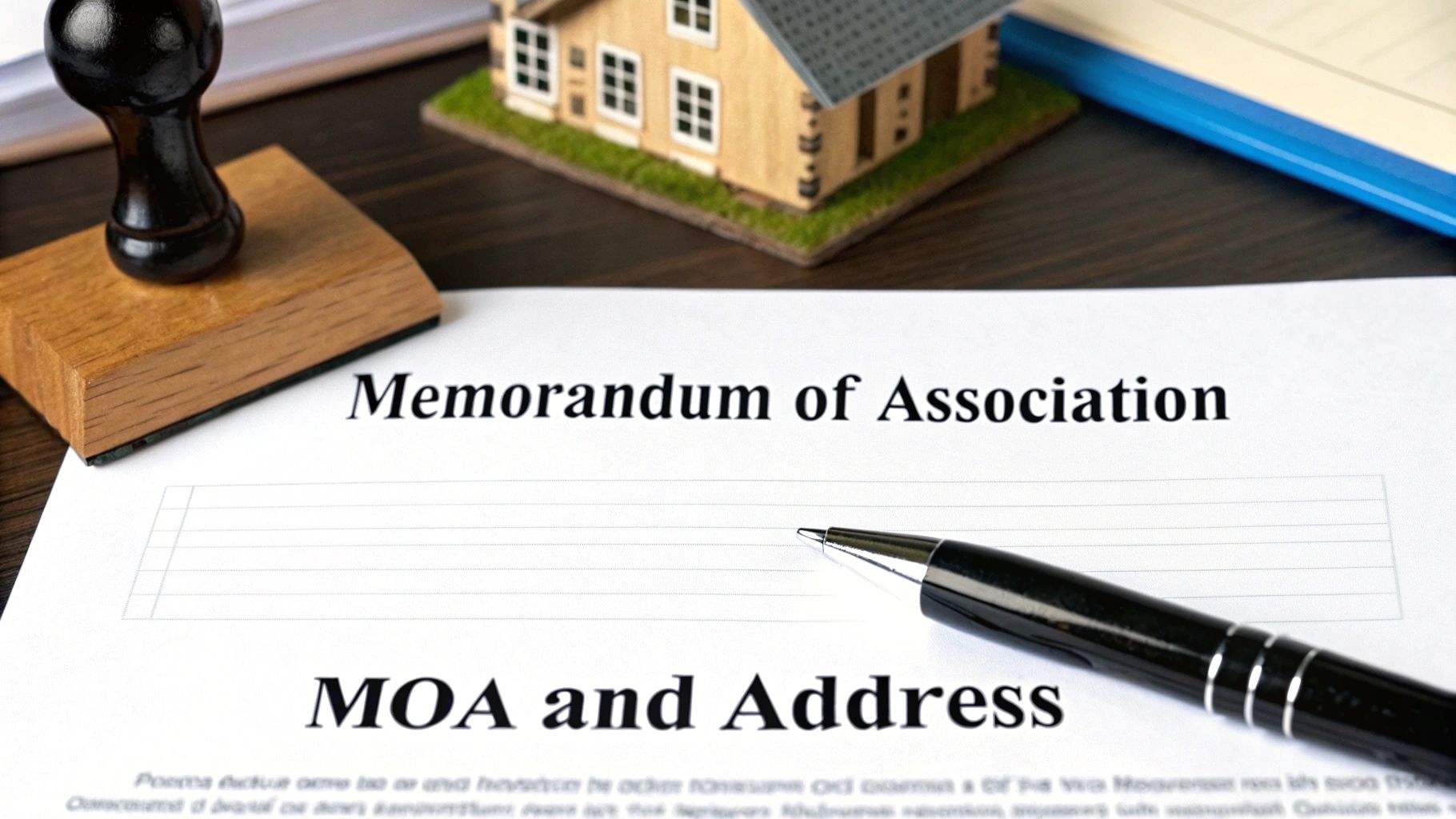 A document titled 'Memorandum of Association' with a pen, stamp, and miniature house, symbolizing business legalities.