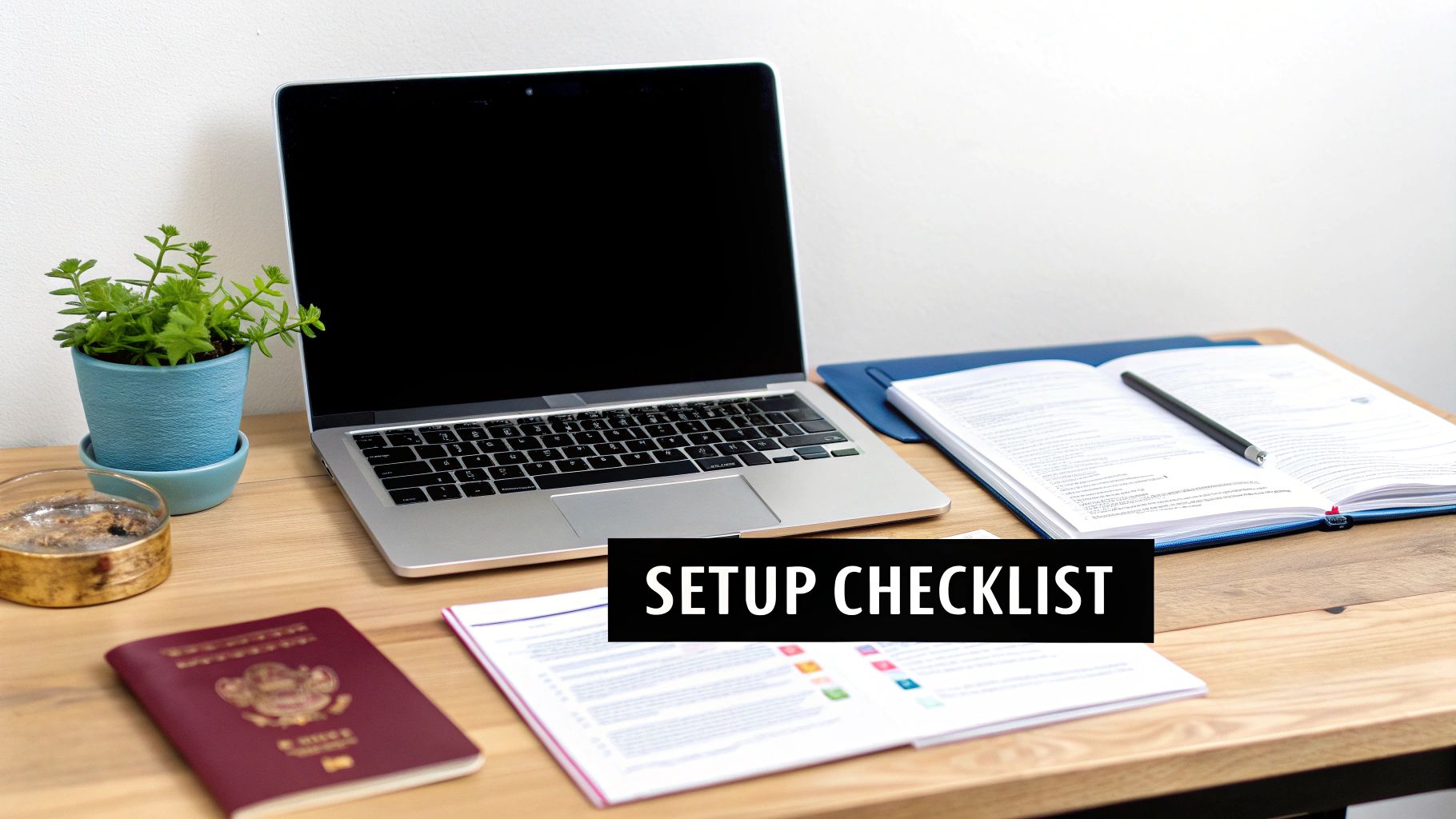 A neatly organized desk setup with a laptop, plant, passport, and documents, featuring a 'SETUP CHECKLIST' overlay.