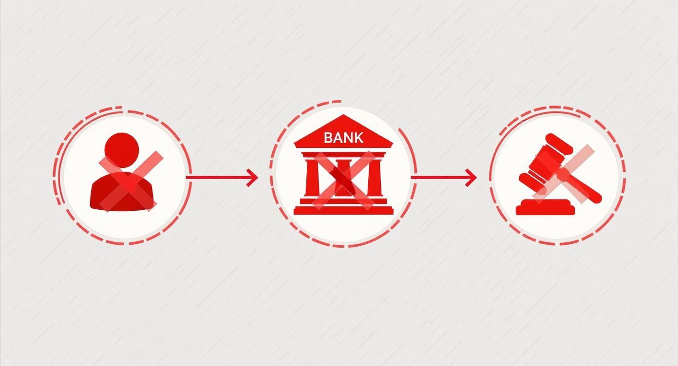 Red icons showing process flow from person to bank to legal gavel representing account restrictions
