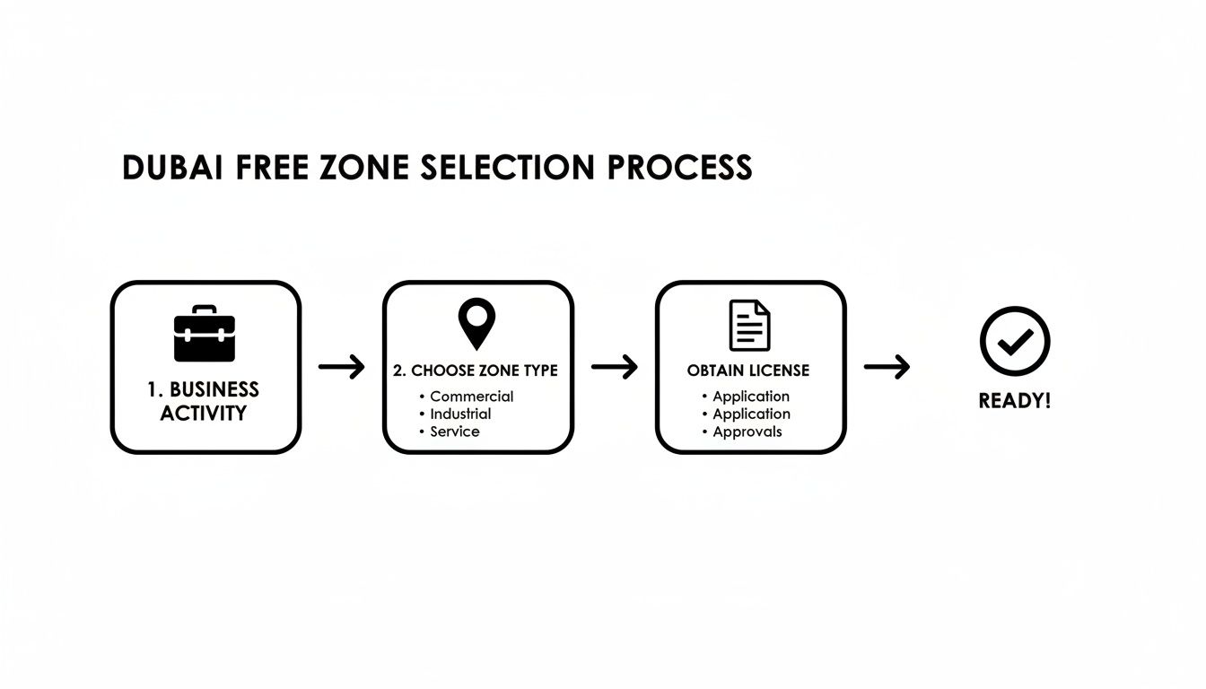 Flowchart illustrating the Dubai Free Zone company setup process, including business activity, zone type, and license.