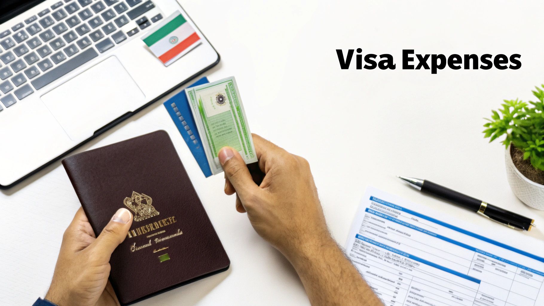 Hands holding a passport and documents on a desk with a laptop and 'Visa Expenses' text.