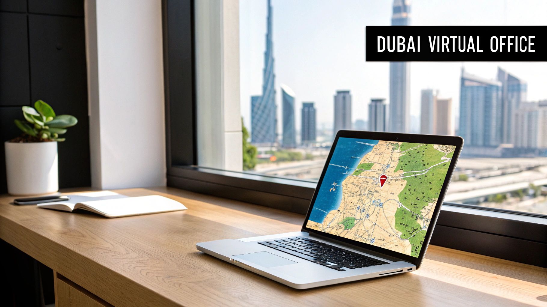Laptop displaying Dubai map on wooden desk with city skyline view through window