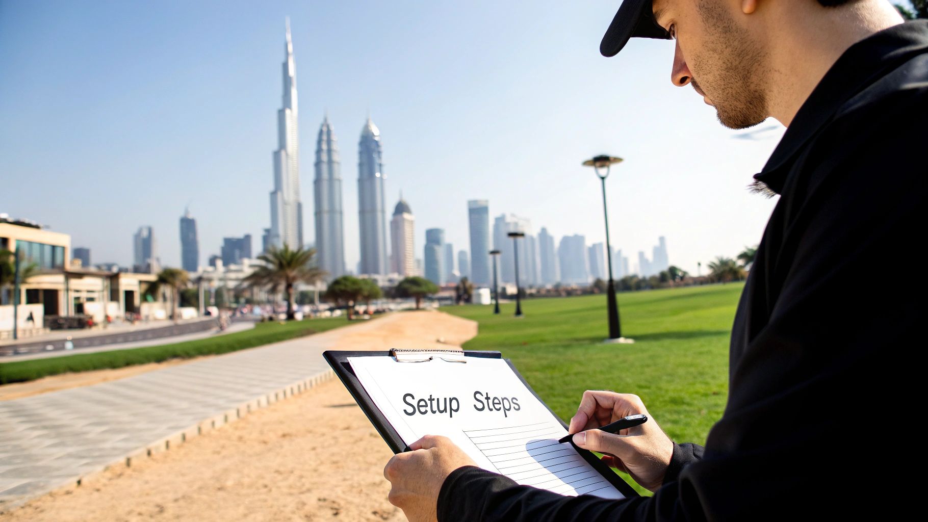 A business person carefully choosing the right path from multiple options, symbolizing the selection of a business setup consultant in Dubai.