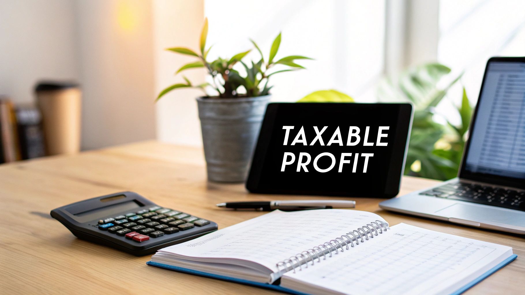 A desk setup with a tablet displaying 'TAXABLE PROFIT', calculator, notebook, and laptop.