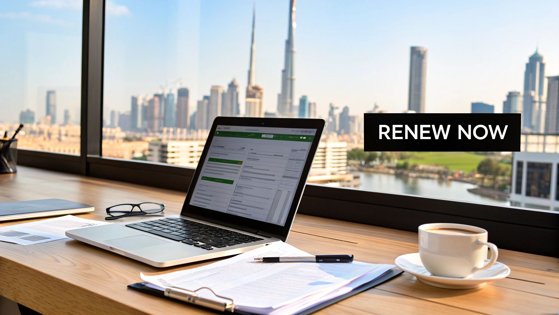 A laptop and documents on a modern wooden desk, with a Dubai skyline view and "RENEW NOW" text.