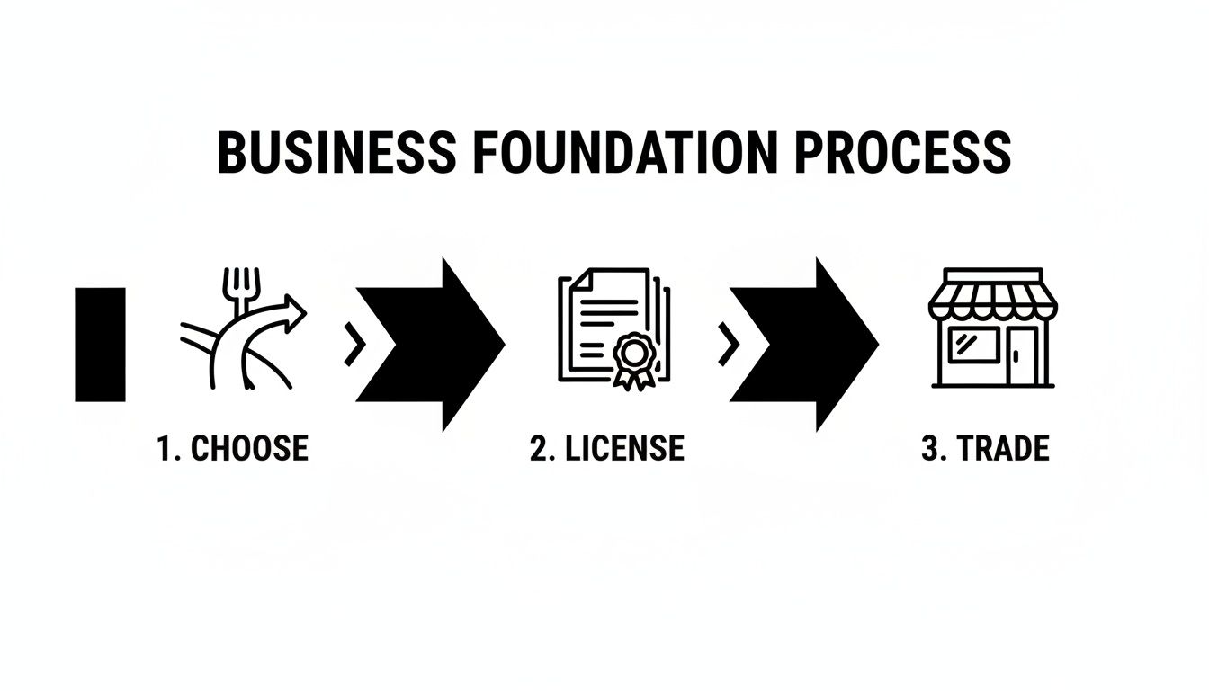 Infographic showing the three steps of a business foundation process: choose, license, and trade.