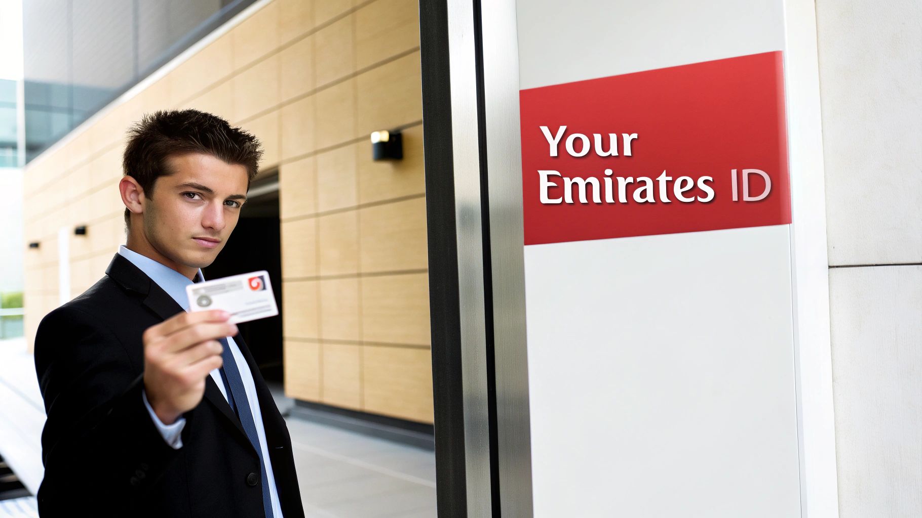 A person holding their new Emirates ID card against a backdrop of the Dubai skyline