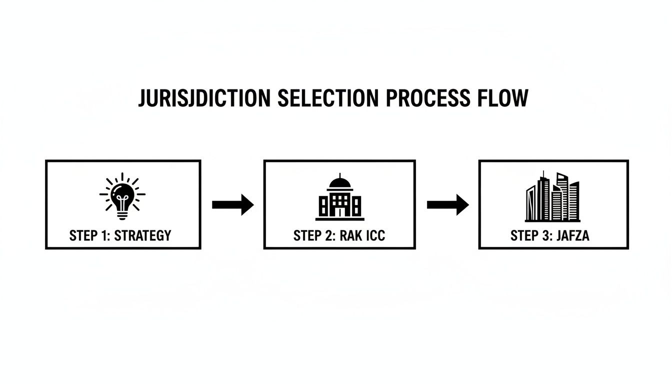 Flowchart illustrating the jurisdiction selection process with steps for strategy, RAK ICC, and JAFZA.