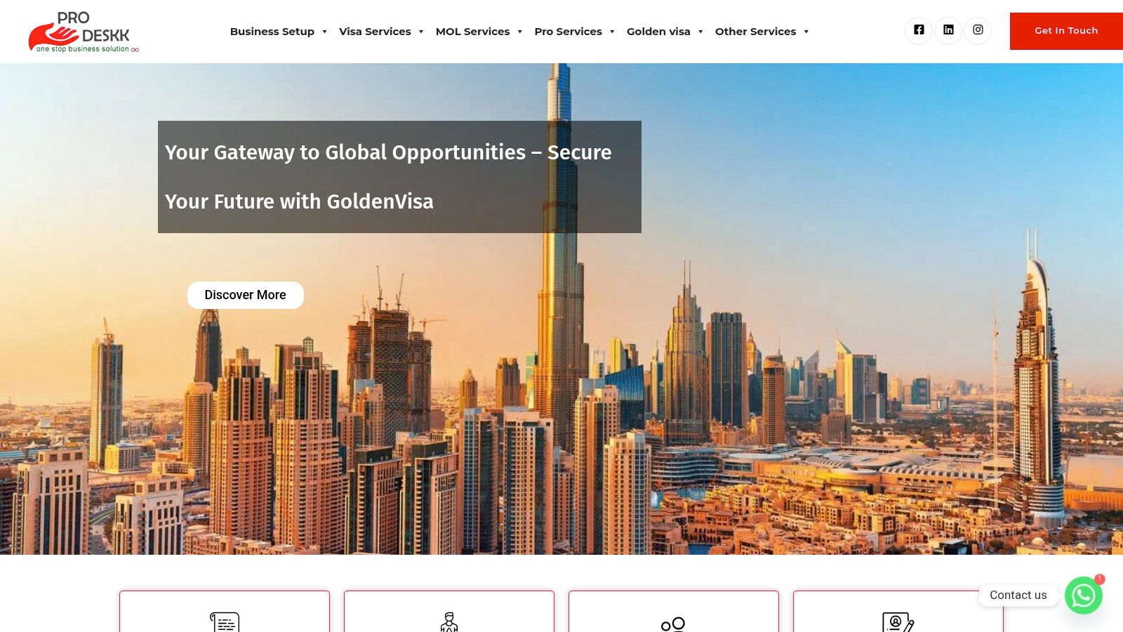 An image showcasing the PRO Deskk logo with a graphic representing a Golden Visa and text related to Dubai's business environment.