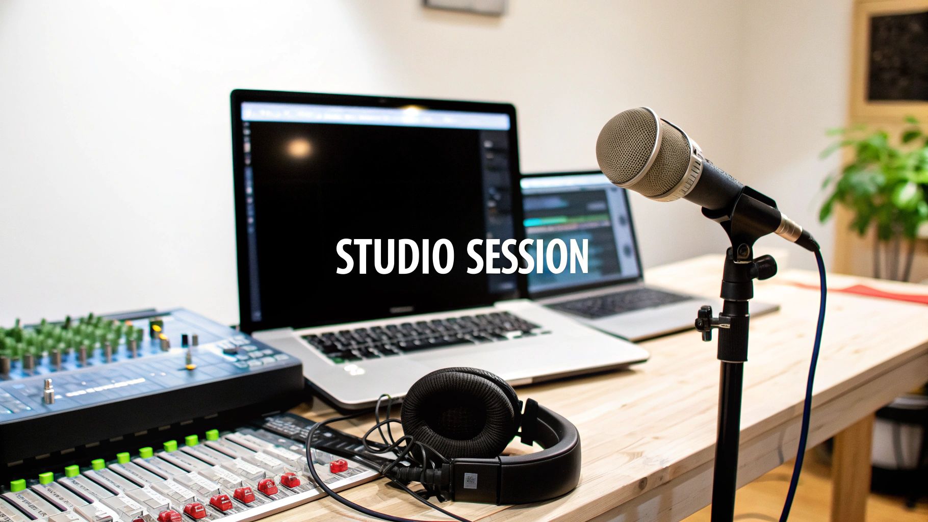 A recording studio desk setup with a microphone, headphones, two laptops, and a mixing board.