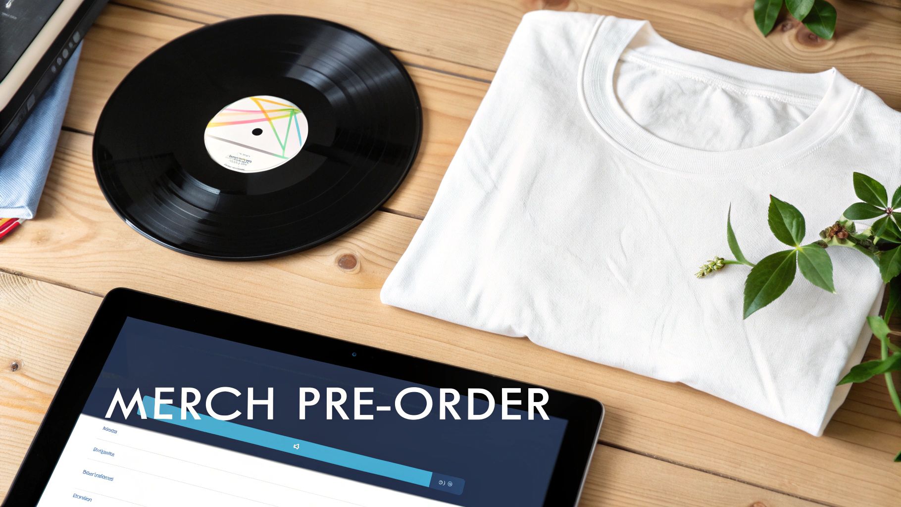 Flat lay of a vinyl record, folded white t-shirt, and tablet displaying 'MERCH PRE-ORDER' on wood.