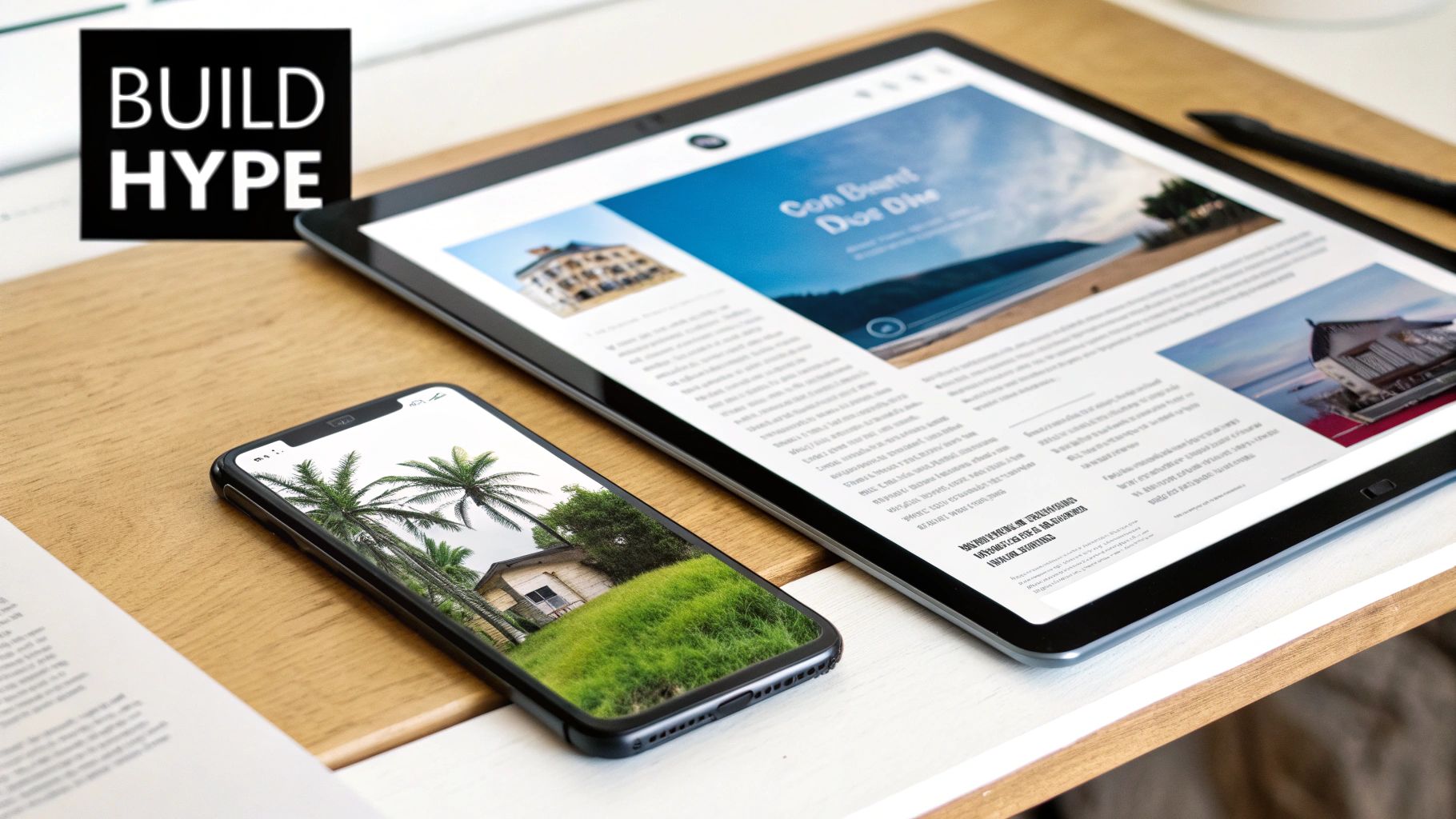 Tablet and smartphone on a wooden desk, both displaying content, next to a 'BUILD HYPE' logo.
