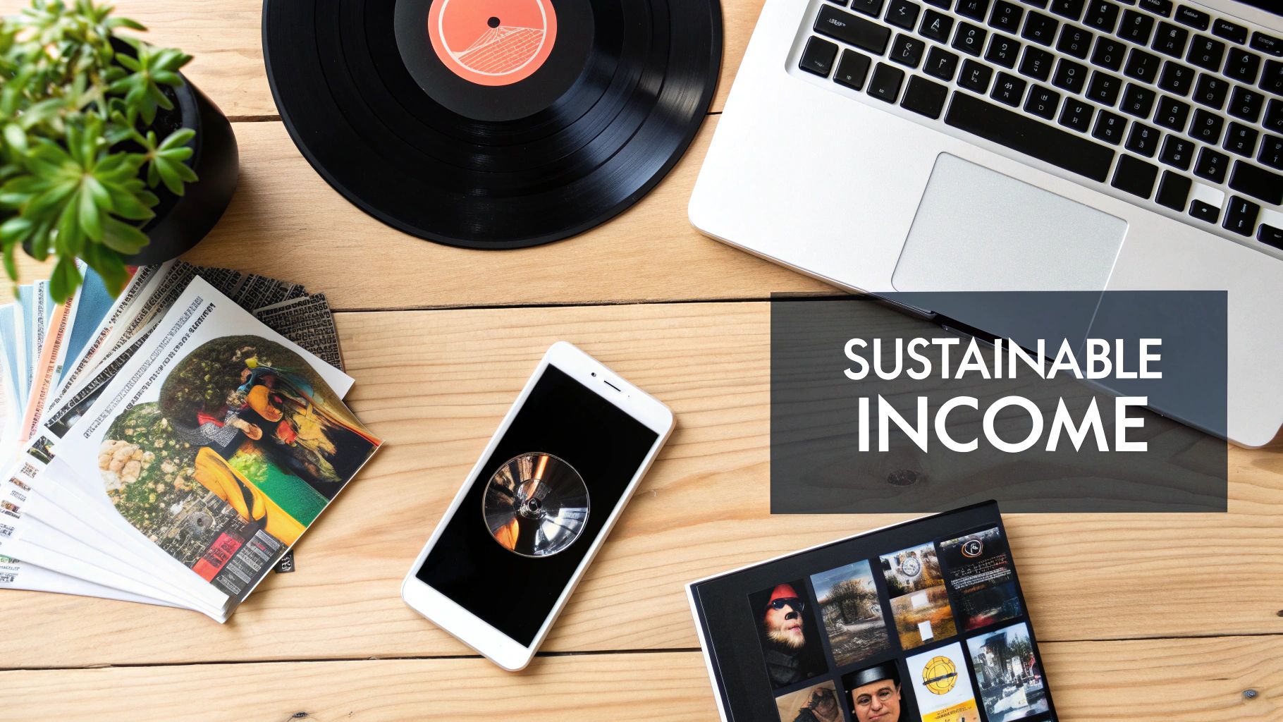 Flat lay of a wooden desk with a laptop, vinyl record, smartphone, and creative photos, featuring 'SUSTAINABLE INCOME' text.