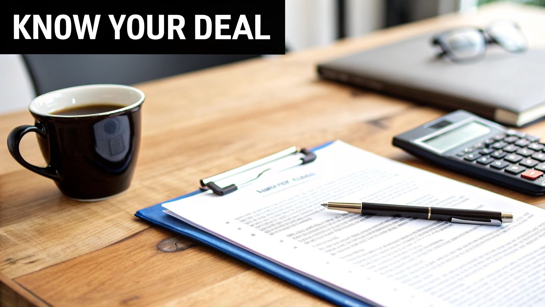 A close-up of a wooden desk with a coffee mug, documents on a clipboard, pen, calculator, and glasses, with the text 'KNOW YOUR DEAL'.