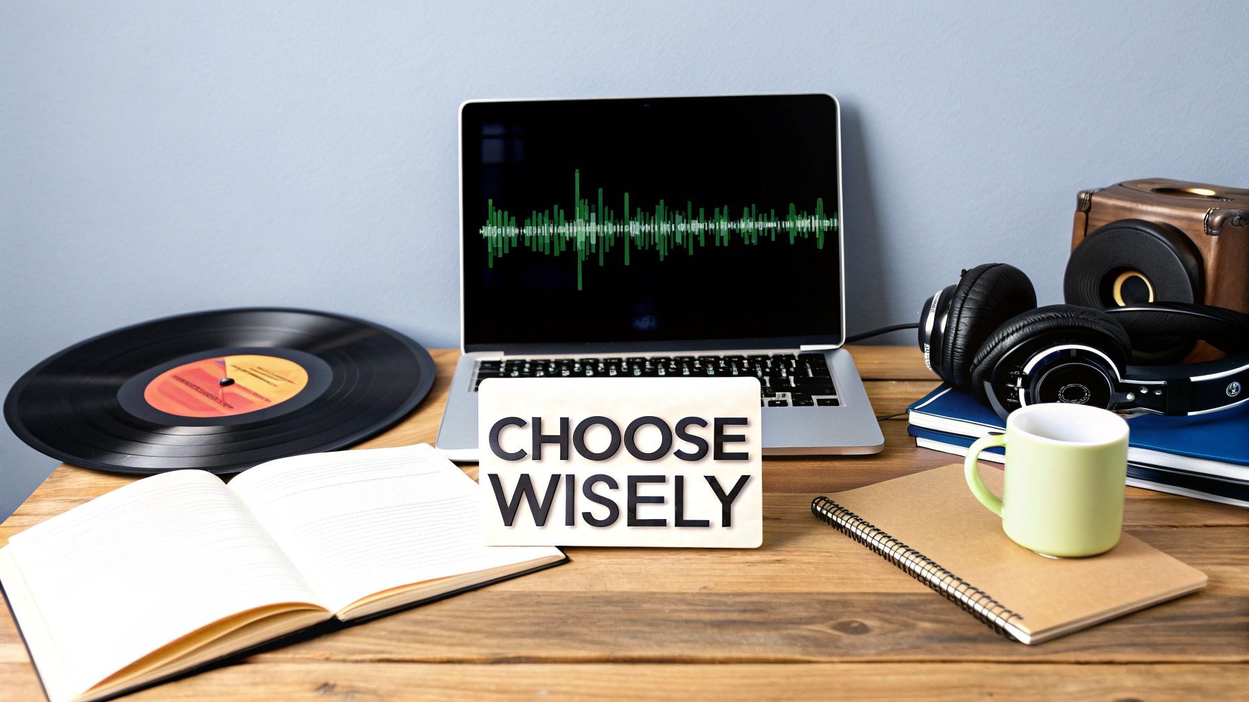An independent artist playing guitar and looking at a laptop, considering their music distribution options.