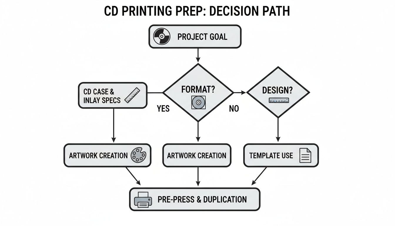 Flowchart outlining the CD printing preparation decision path, covering format, design, artwork, and duplication.