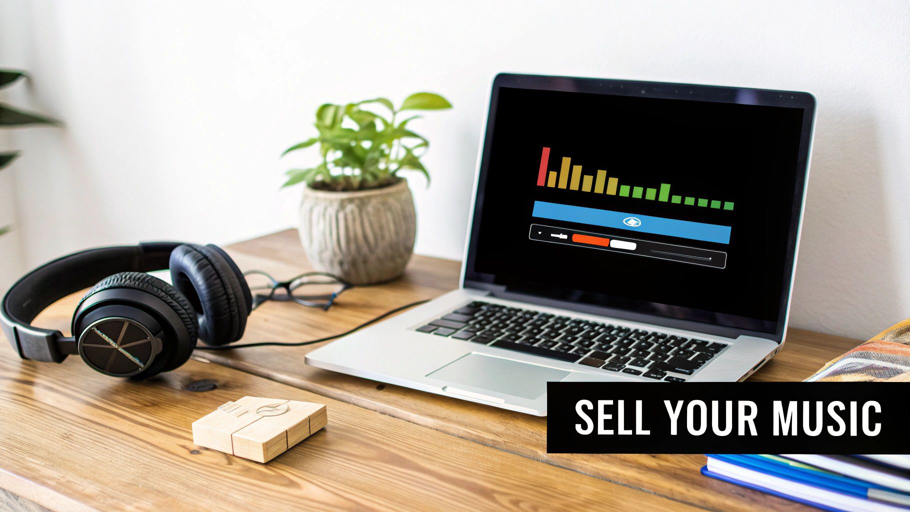 A laptop displaying a music equalizer and text 'SELL YOUR MUSIC' with headphones on a desk.