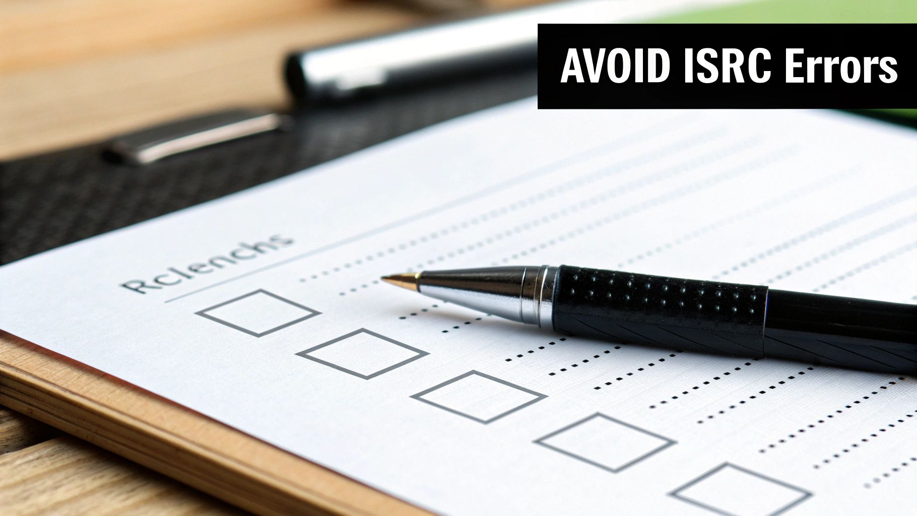 A pen rests on a checklist form on a clipboard with "AVOID ISRC Errors" text.