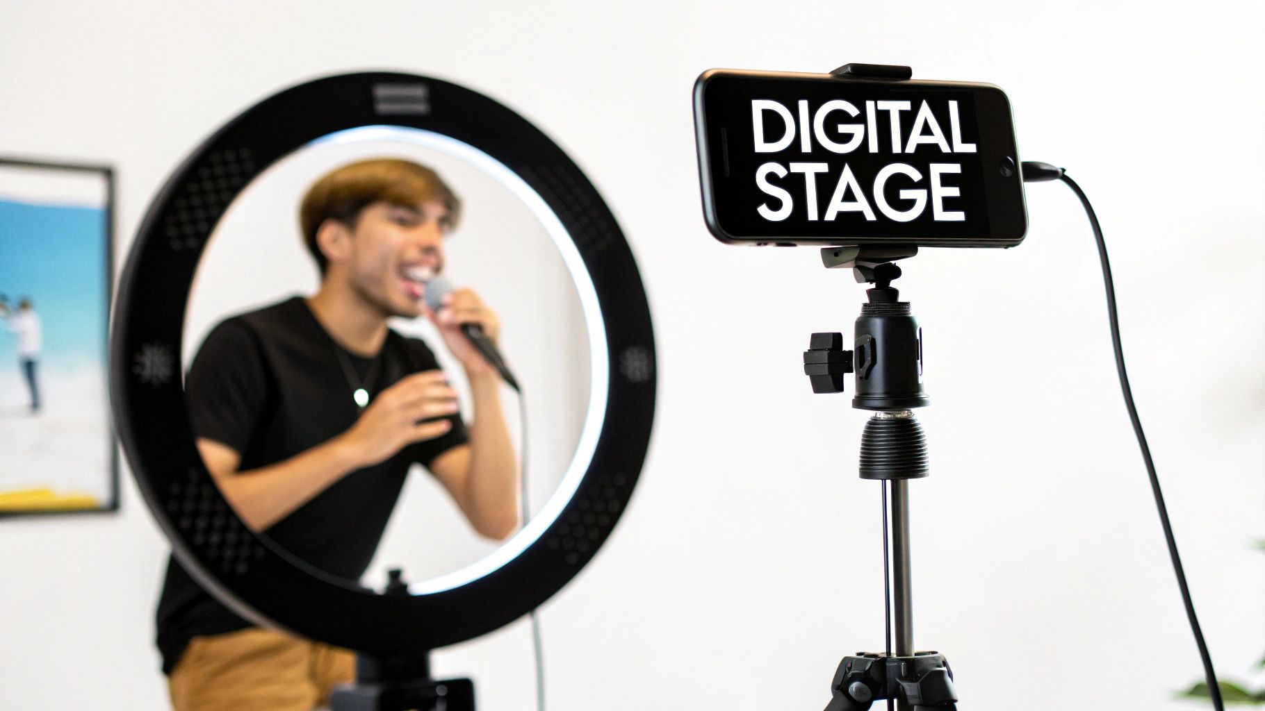 A person sings into a microphone, illuminated by a ring light, with a smartphone displaying 'DIGITAL STAGE'.
