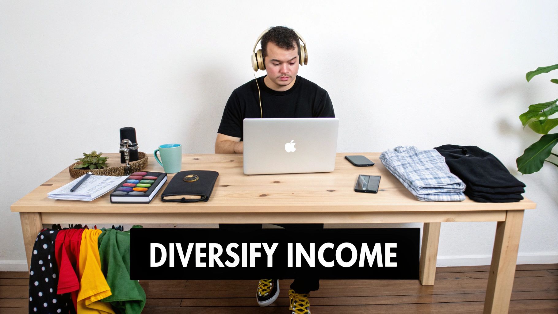 A man works on a laptop at a desk with various items and clothes, promoting income diversification.