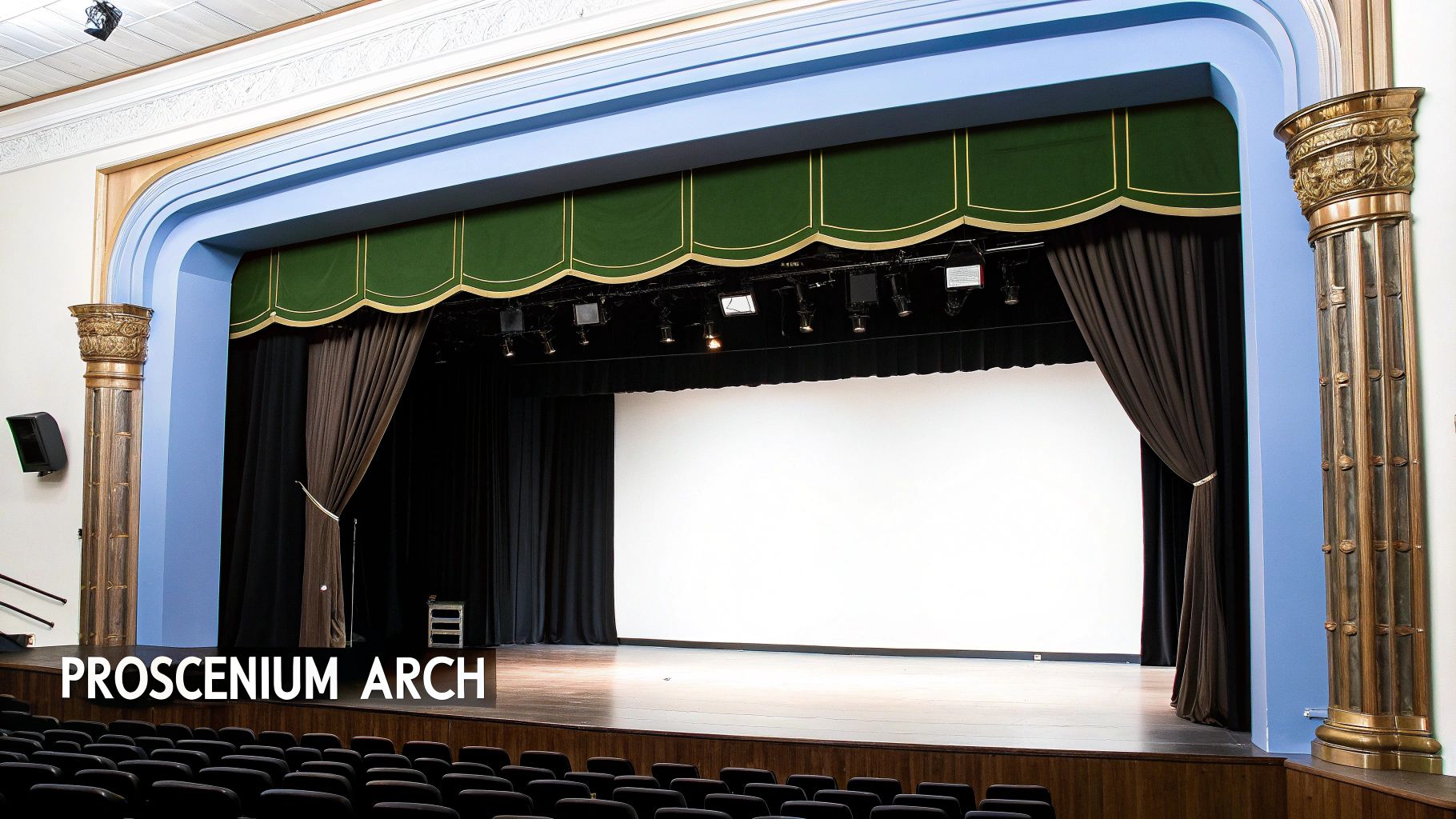 A theatre stage with a proscenium arch, large white screen, dark curtains, and empty audience seats.