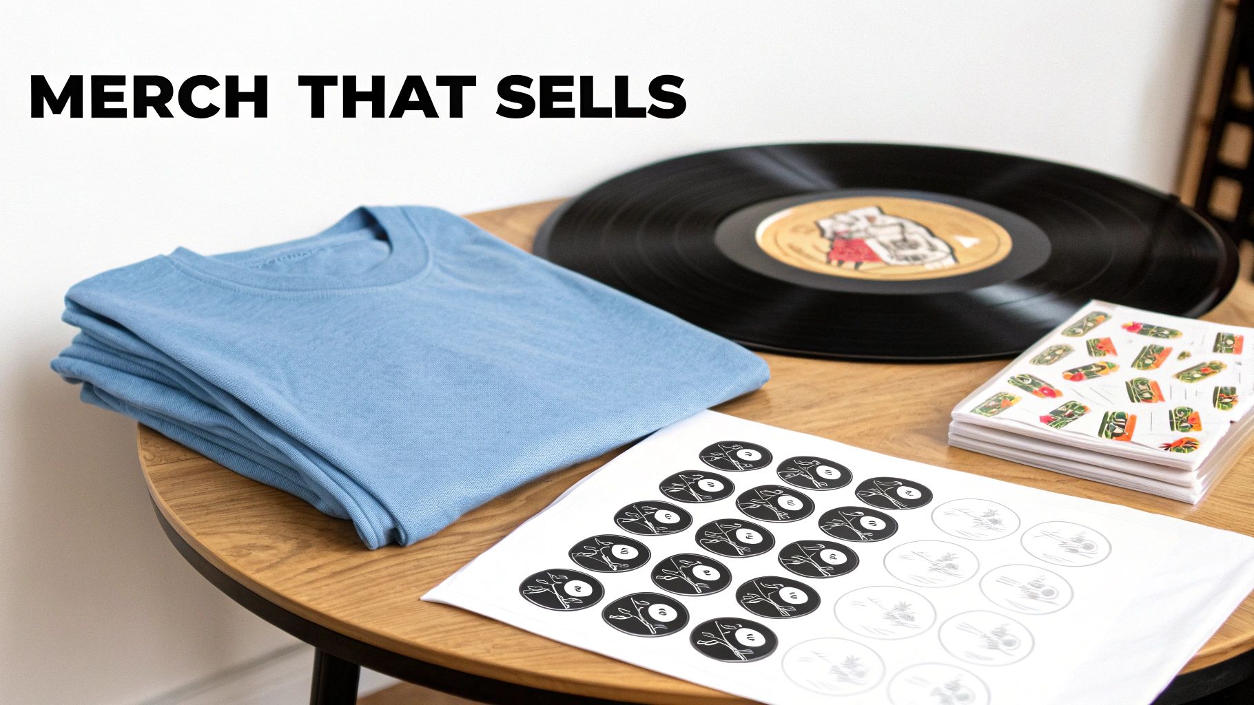 A wooden table displays folded blue t-shirts, a vinyl record, and sheets of custom stickers, with 'MERCH THAT SELLS' text.