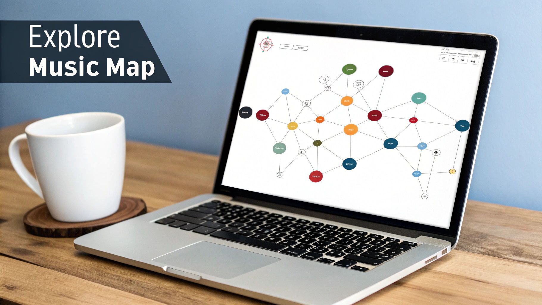 A laptop displays a colorful music map with connected nodes, next to a white mug on a wooden coaster.