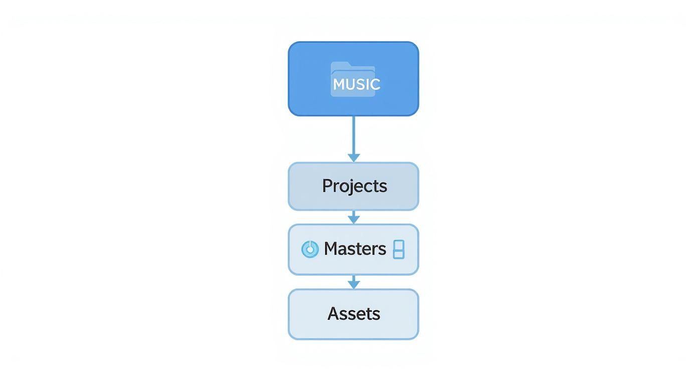 A diagram showing the hierarchy for organizing music files: MUSIC folder, followed by Projects, Masters, and Assets.