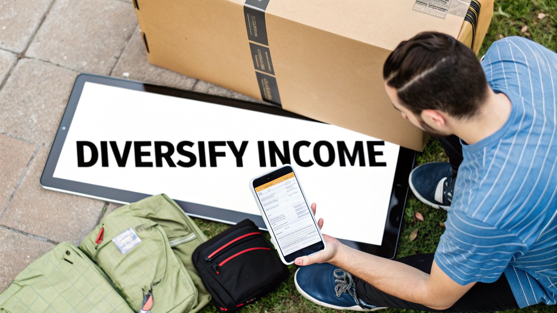 A person looks at a tablet displaying 'Diversify Income' and a smartphone with financial information.