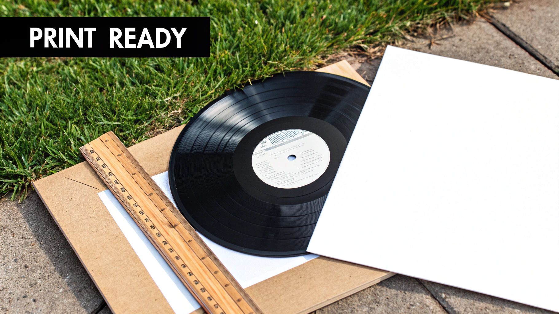 A vinyl record, wooden ruler, white sleeve, and cardboard mailer on grass and concrete.