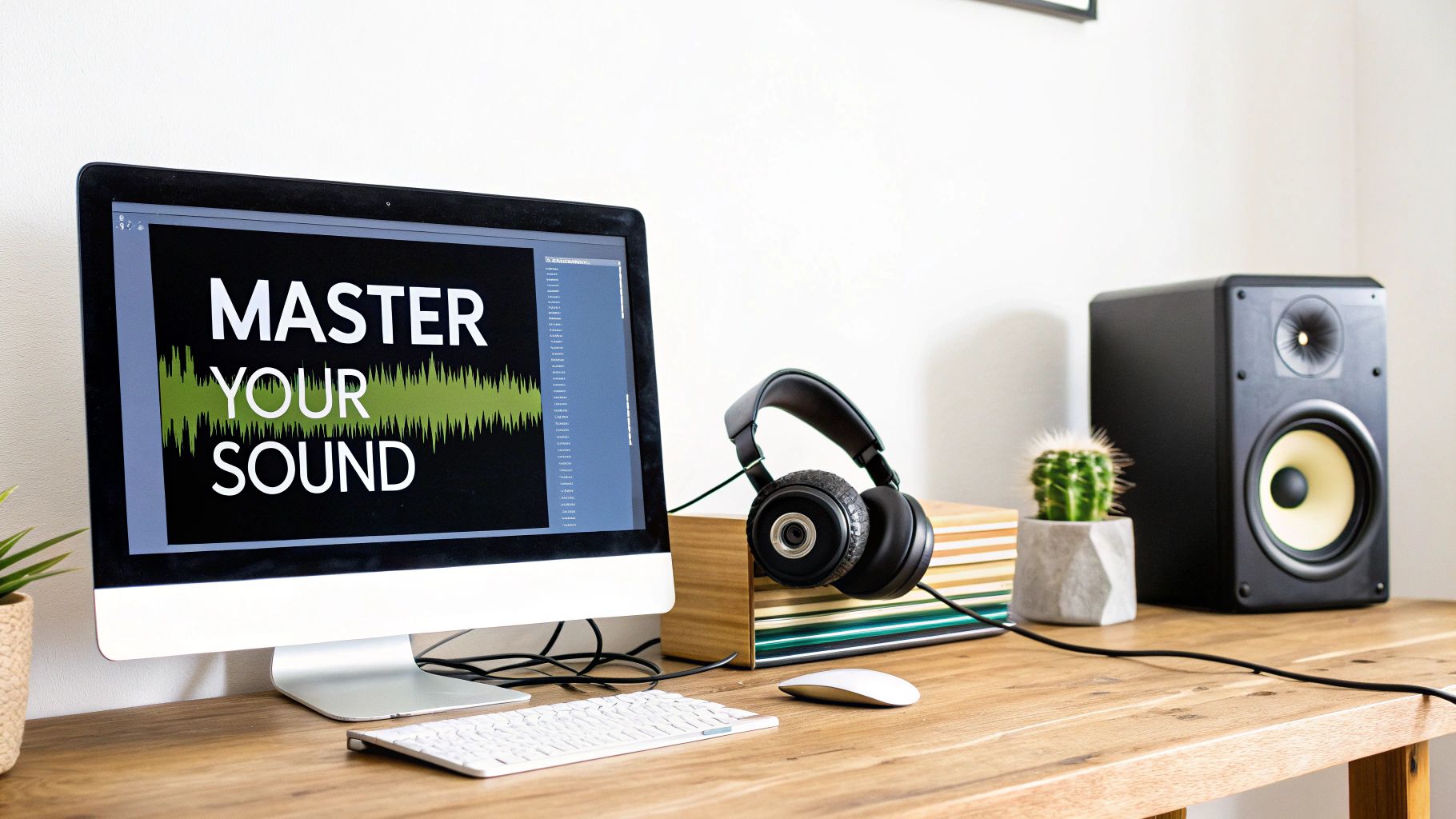 A creative workspace with a computer displaying 'MASTER YOUR SOUND', headphones, and a professional speaker.
