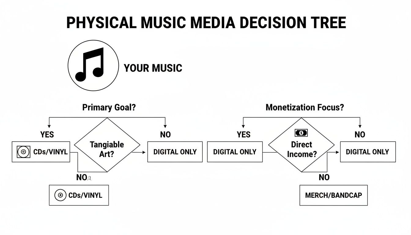 A decision tree diagram for artists choosing between digital only, CDs/Vinyl, or merch for their music.