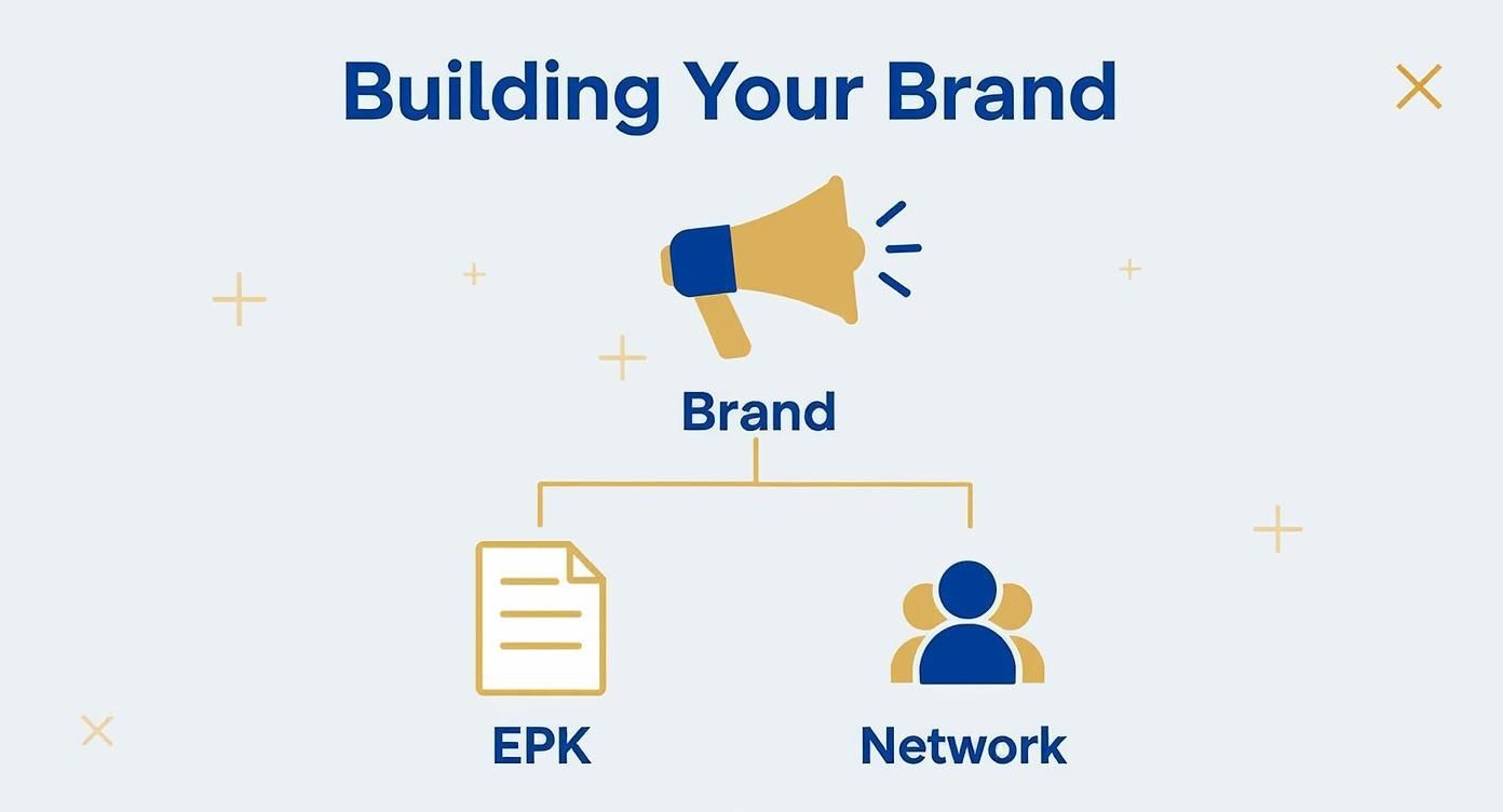 An infographic hierarchy diagram showing that a strong Brand is supported by a professional EPK and a robust Network.