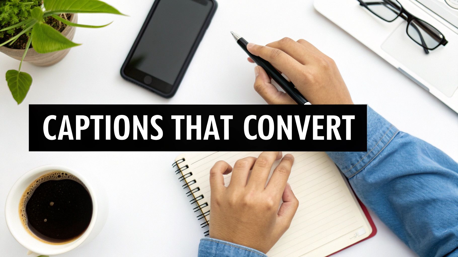 Person writing in notebook at desk with coffee, phone, and text about captions that convert
