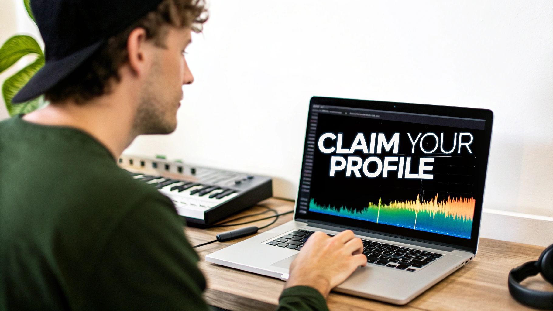 A man in a cap looking at a laptop displaying 'CLAIM YOUR PROFILE' with an audio waveform.