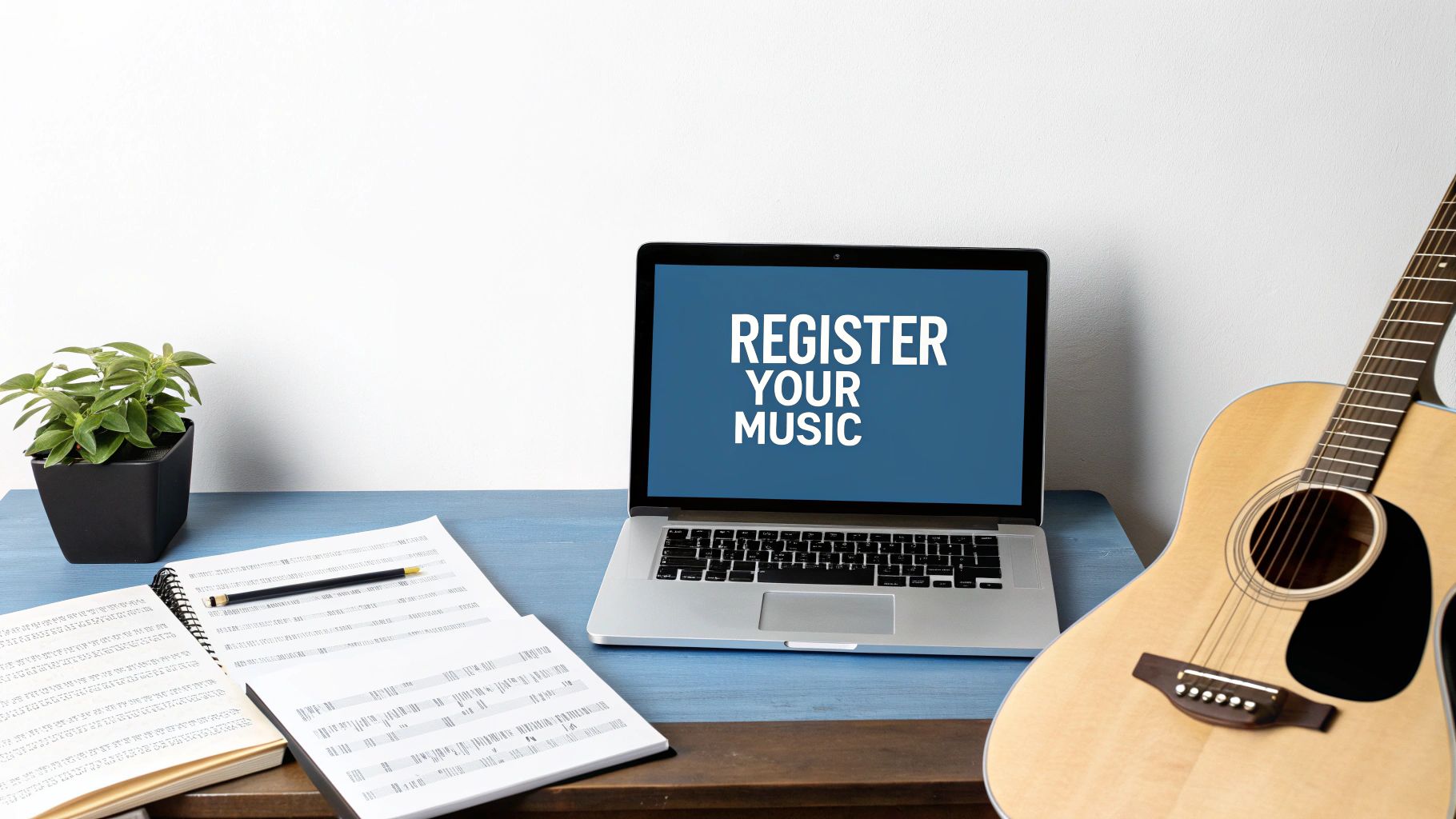 A laptop displaying 'REGISTER YOUR MUSIC' on a desk with a guitar and sheet music, symbolizing music registration.