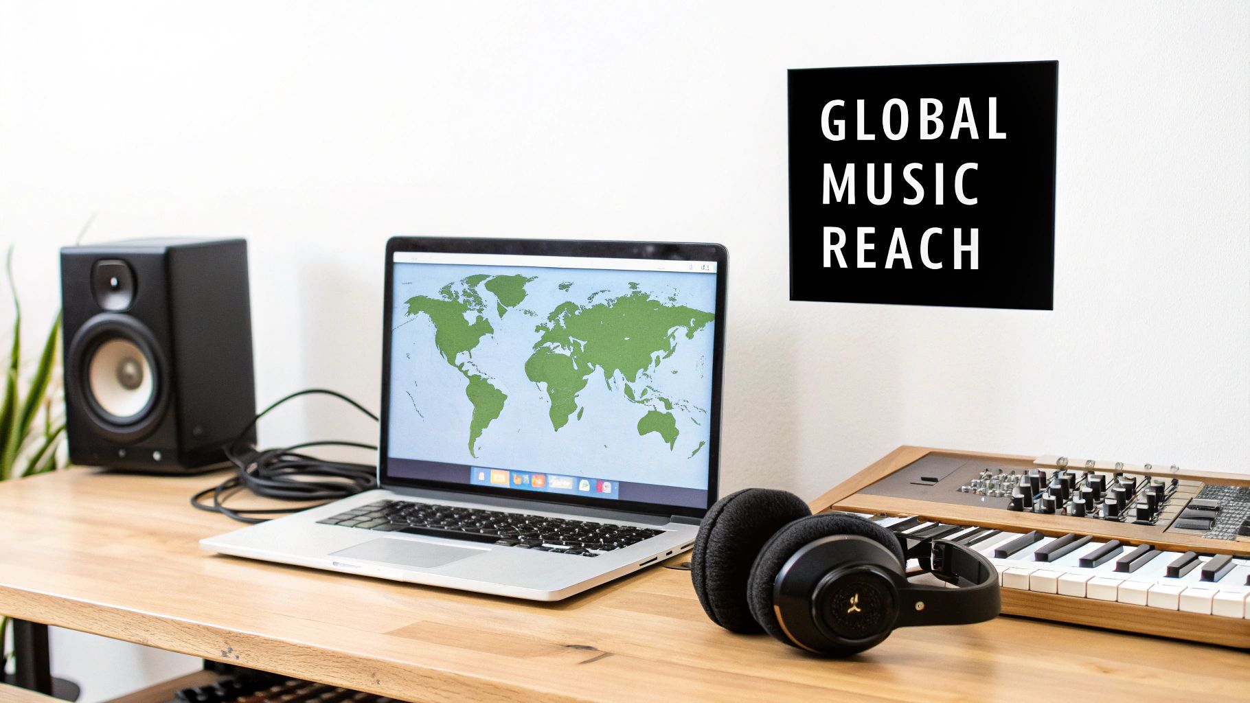 A modern music studio setup with a laptop displaying a world map, headphones, a speaker, and a music keyboard.